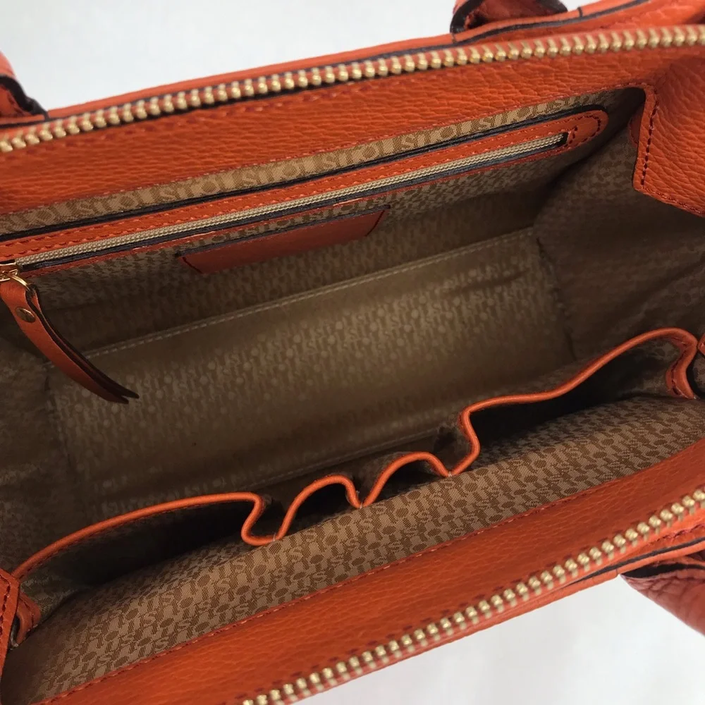 Tous Orange Pebbled Leather Double Handles Satchel Tote Purse Bag